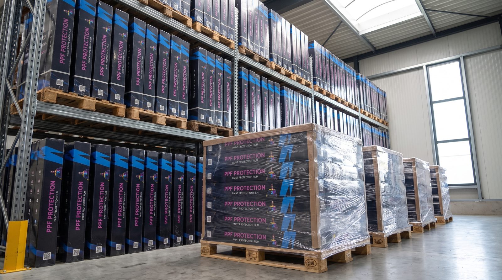 Pallets of JU PPF boxes in the warehouse